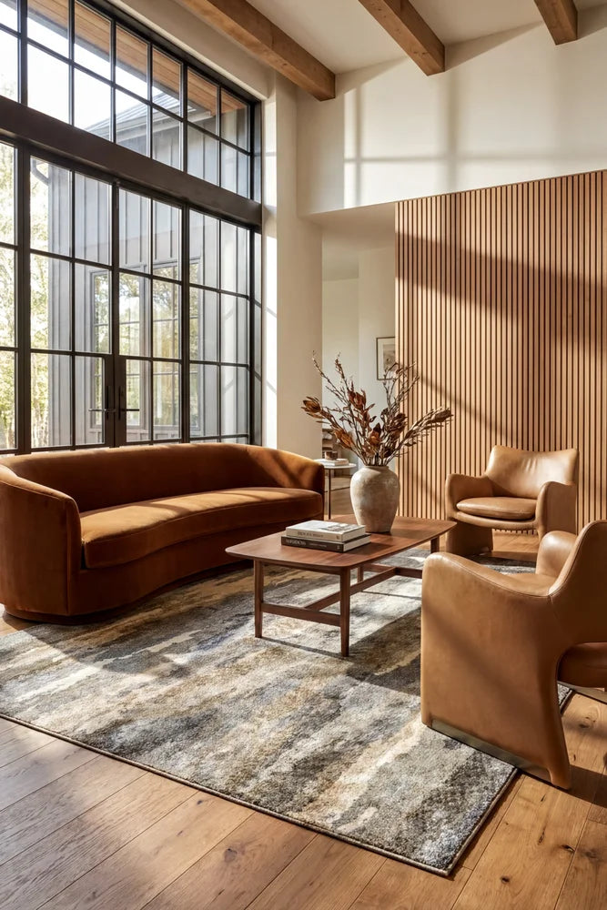 Aston Bruno Pebble Rug — AI styled visualisation