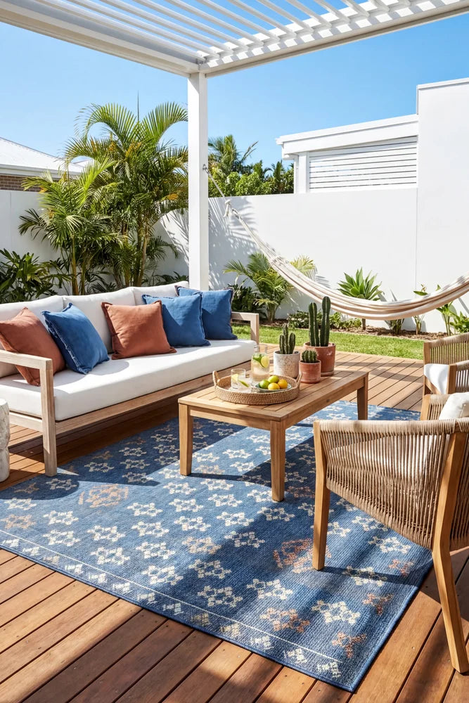 Montana Sapphire Outdoor Rug — styled outdoor setting