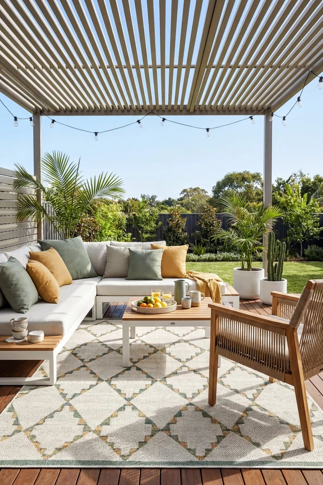 Montana Diamond Outdoor Rug — styled outdoor setting