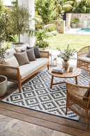 Aztec Grey & White Reversible Outdoor Rug — AI styled visualisation