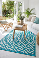 Aztec Teal & White Ougdoor Rug — styled indoor setting