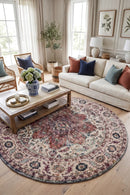 Babylon Multicolour Traditional Distressed Round Rug — AI styled visualisation