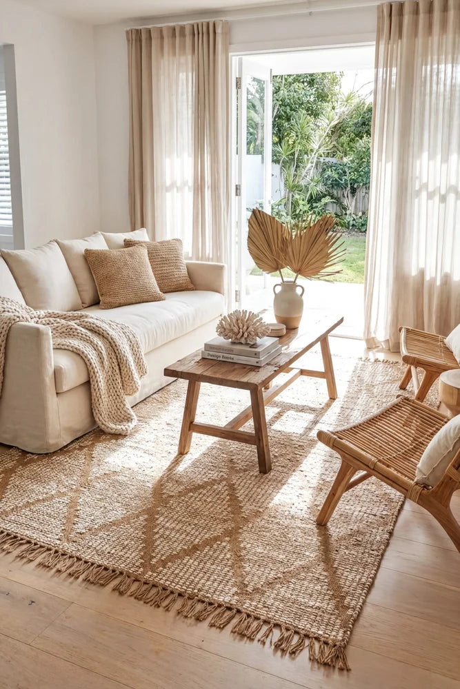 Bali Natural Jute Rug — AI styled visualisation