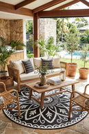Benaras Black & White Reversible Round Outdoor Rug — AI styled visualisation