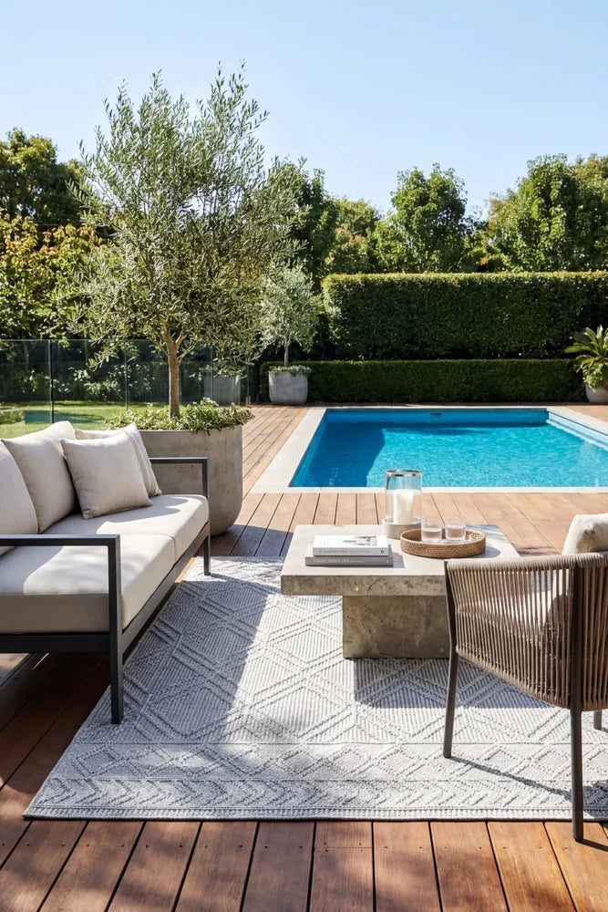 Colorado Blueray Outdoor Rug — styled outdoor setting