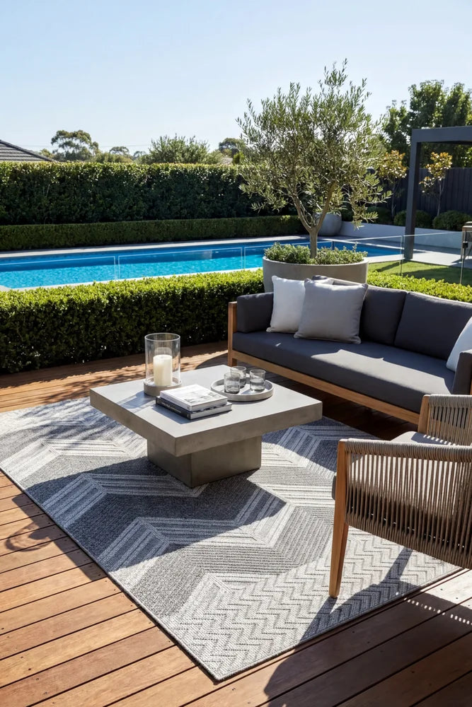 Colorado Waves Outdoor Rug — styled outdoor setting