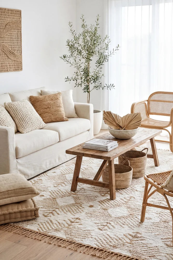 Bodhi Rosa Natural Rug — AI styled visualisation