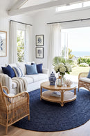 Bondi Navy Oval Rug — AI styled visualisation