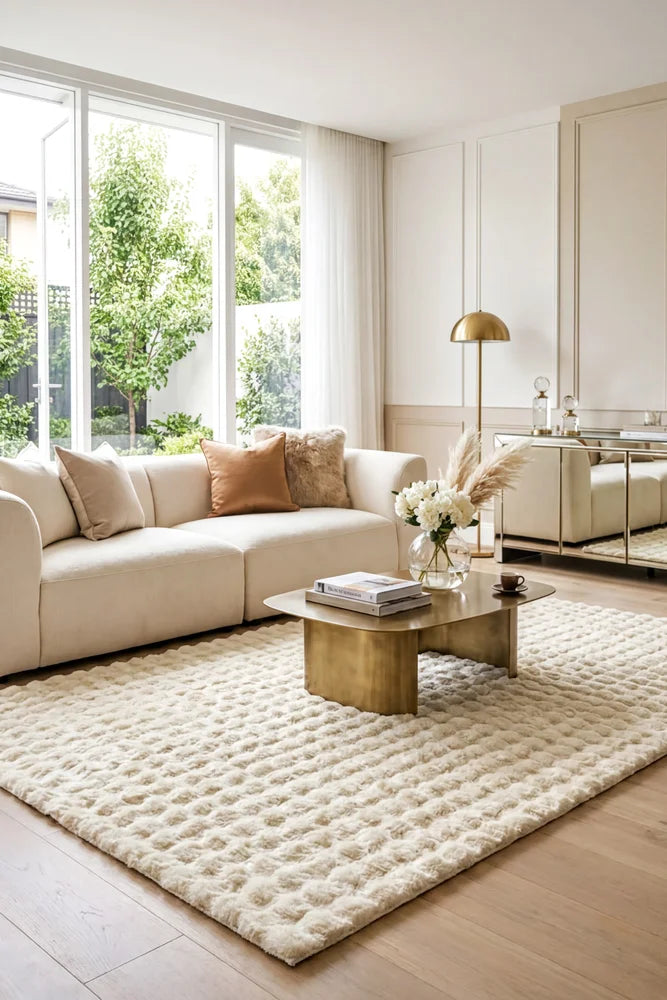Bubble Natural Machine Washable Rug — AI styled visualisation