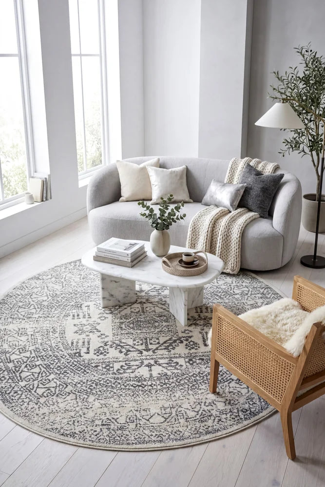 Chrome Addison Silver Round Rug — AI styled visualisation