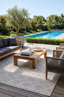 Colorado Chevron Light Grey Outdoor Rug — styled outdoor setting