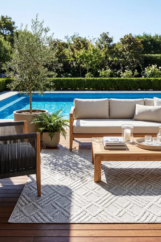 Colorado Diamond Light Grey Outdoor Rug — styled outdoor setting