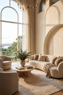 Emma Blomfield Plume Oat Rug — AI styled visualisation