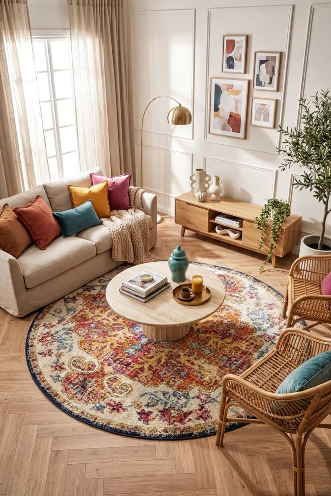 Evoke Carnival White Transitional Round Rug — AI styled visualisation