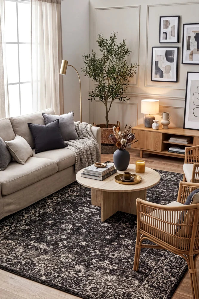Evoke Estella Charcoal Transitional Rug — AI styled visualisation