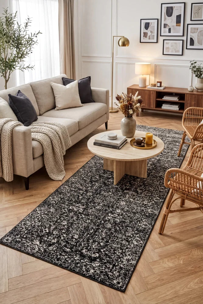 Evoke Estella Charcoal Transitional Runner Rug — AI styled visualisation