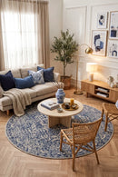 Evoke Frost Blue Transitional Round Rug — AI styled visualisation