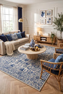 Evoke Frost Blue Transitional Rug — AI styled visualisation