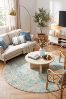 Evoke Glacier White Blue Transitional Round Rug — AI styled visualisation