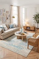 Evoke Glacier White Blue Transitional Rug — AI styled visualisation