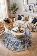 Evoke Horizon White Navy Transitional Round Rug — AI styled visualisation
