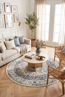Evoke Mist White Transitional Round Rug — AI styled visualisation