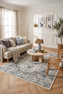 Evoke Mist White Transitional Rug — AI styled visualisation