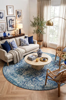 Evoke Muse Blue Transitional Round Rug — AI styled visualisation