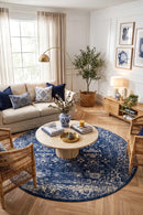 Evoke Oasis Navy Transitional Round Rug — AI styled visualisation