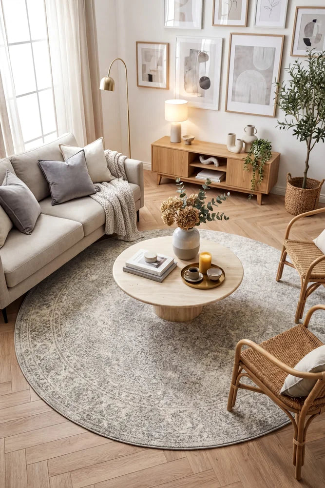 Evoke Shine Silver Transitional Round Rug — AI styled visualisation
