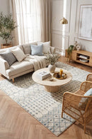 Evoke Slate White Transitional Rug — AI styled visualisation