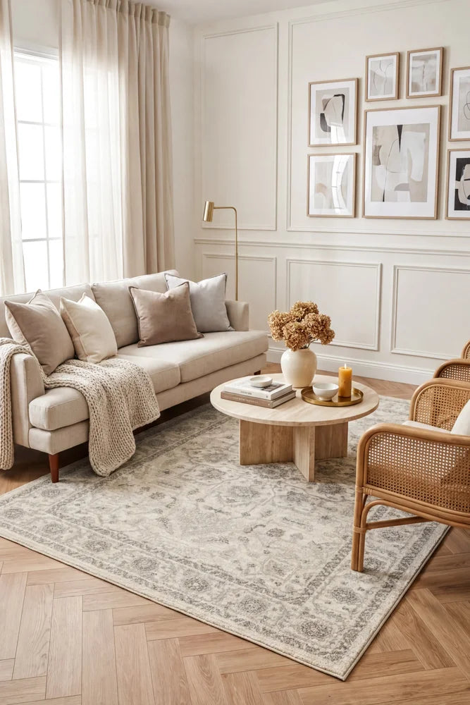 Evoke Winter White Transitional Rug — AI styled visualisation