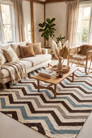 Flat Weave Chevron Design Blue Brown Rug — AI styled visualisation