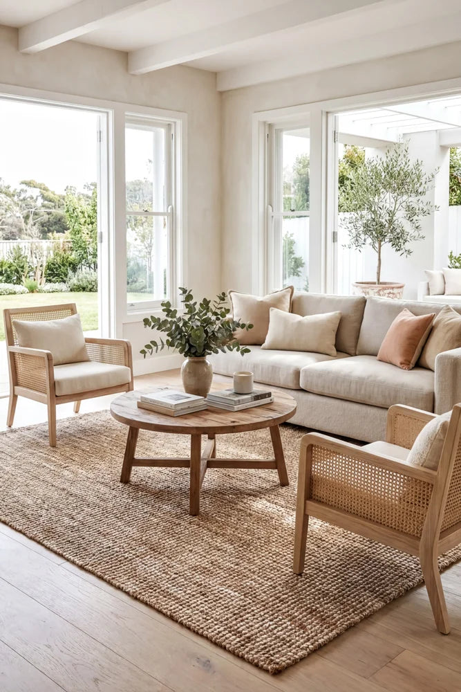Harlow Hunter Natural Rug — AI styled visualisation