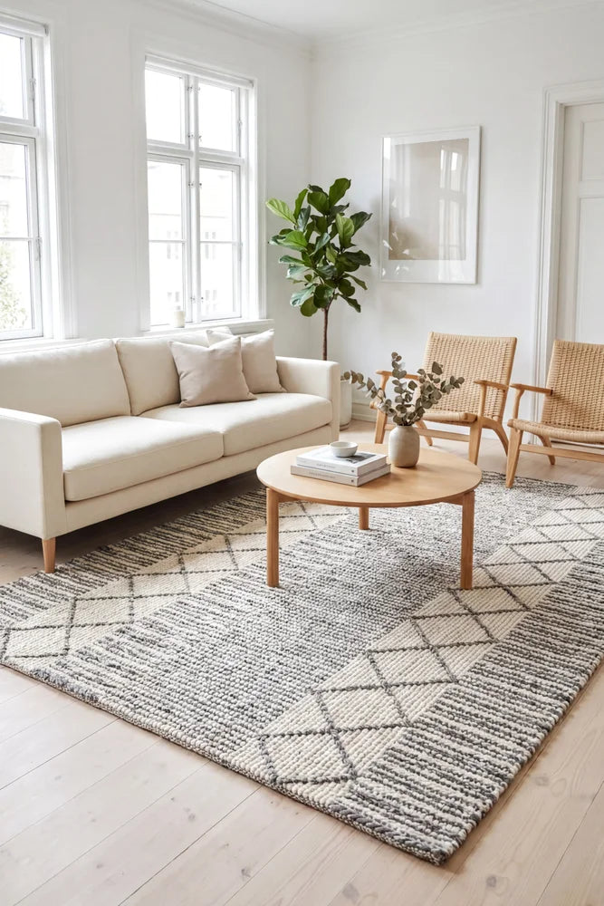 Hellena Braied Grey Wool Rug — AI styled visualisation