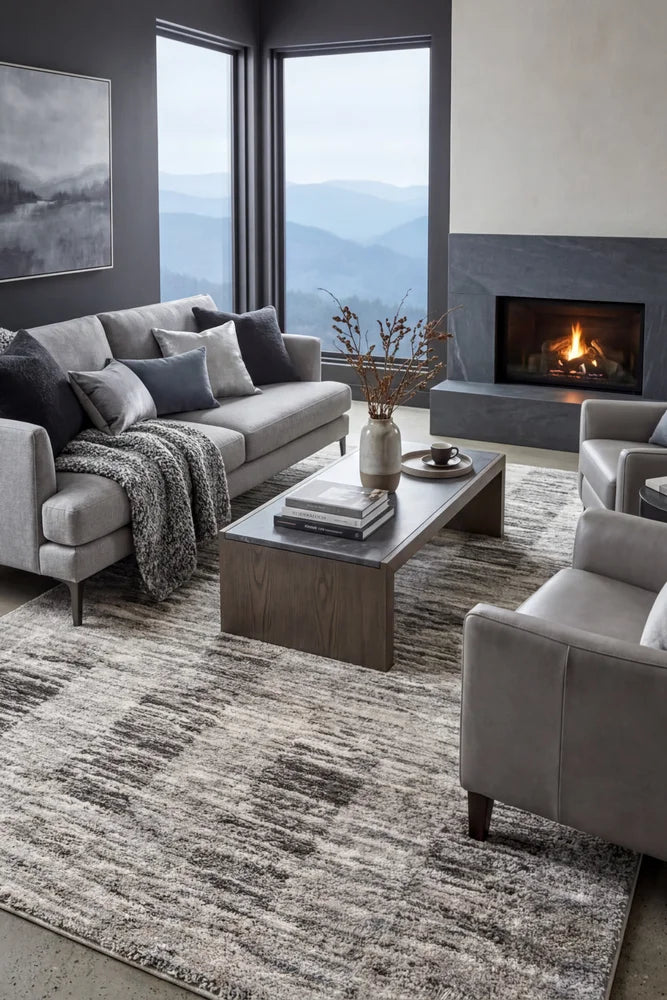 Himali Fin Steel Rug — AI styled visualisation