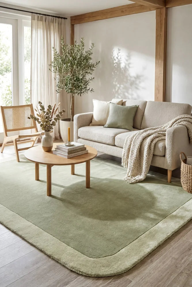 Hugo Sage Rug — AI styled visualisation