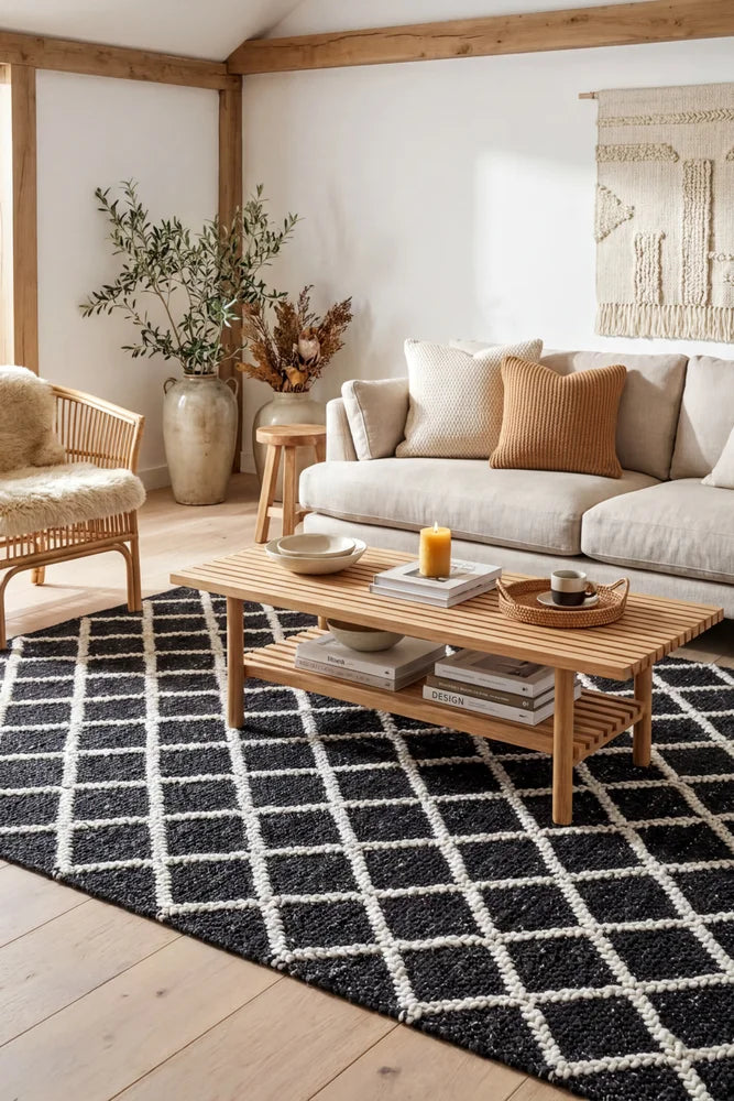 Huxley Black Wool Rug — AI styled visualisation