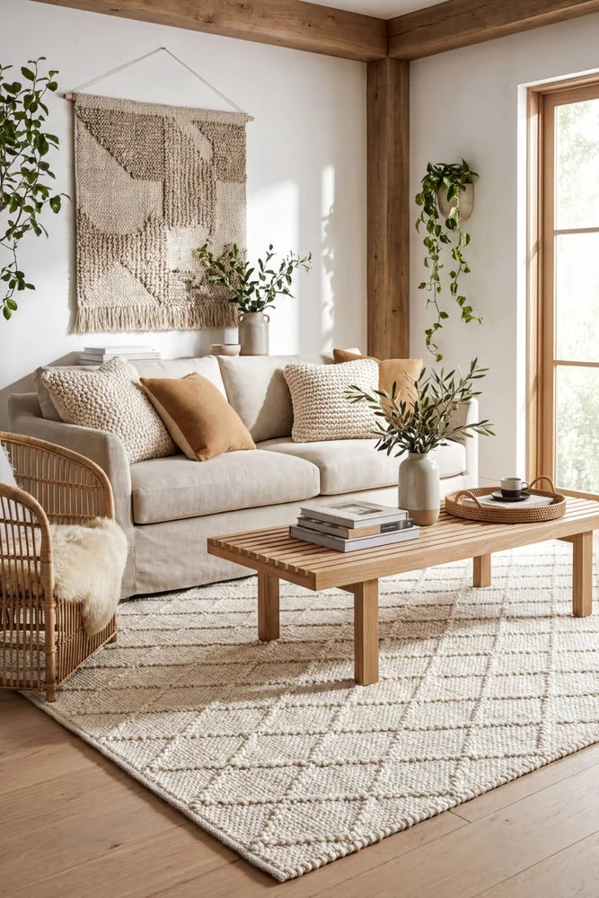 Huxley White Wool Rug — AI styled visualisation