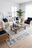 Izmir Navy and White Traditional Distressed Rug — AI styled visualisation