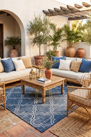 Jinju Blue Outdoor Rug — AI styled visualisation
