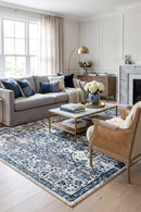 Kendra Yasmin Distressed Transitional Rug White Blue Grey — AI styled visualisation