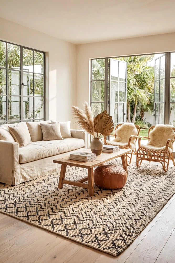 Kenya Elki Hand Woven Tribal Jute Rug — AI styled visualisation