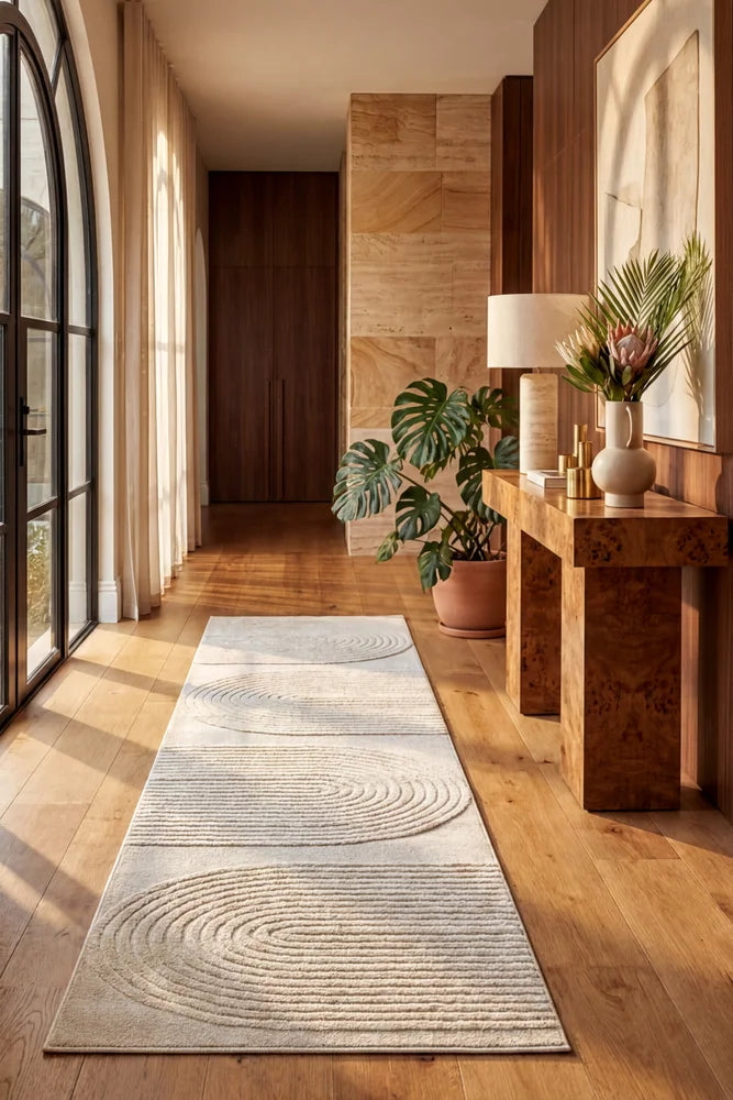 Lotus Abbey Beige Runner Rug — AI styled visualisation