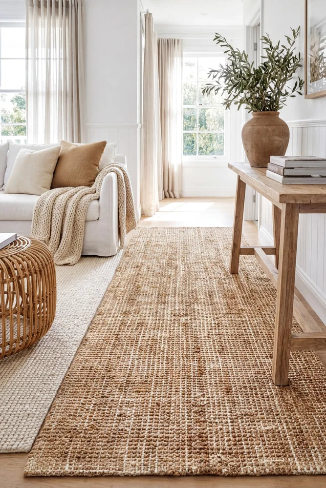 Madras Marlo Natural Jute Runner Rug — AI styled visualisation