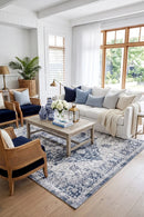 Mangan Navy and White Traditional Distressed Rug — AI styled visualisation