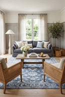 Megan Blue Machine Washable Rug — AI styled visualisation