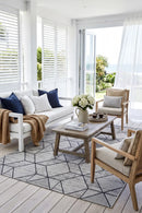 Mirada White Blue Outdoor Rug — AI styled visualisation
