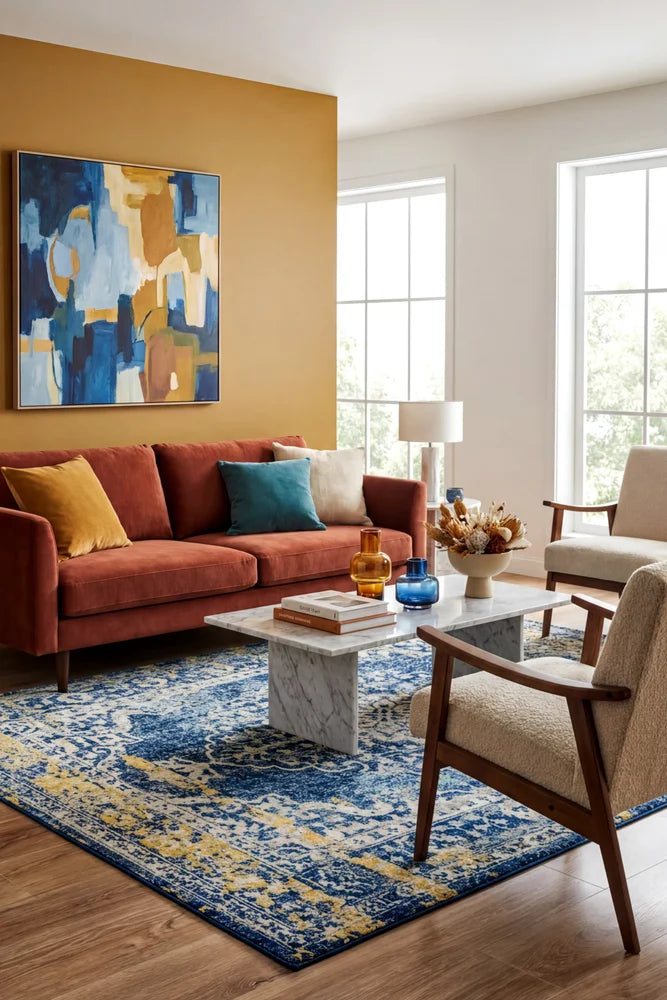 Museum Wilson Navy Rug — AI styled visualisation
