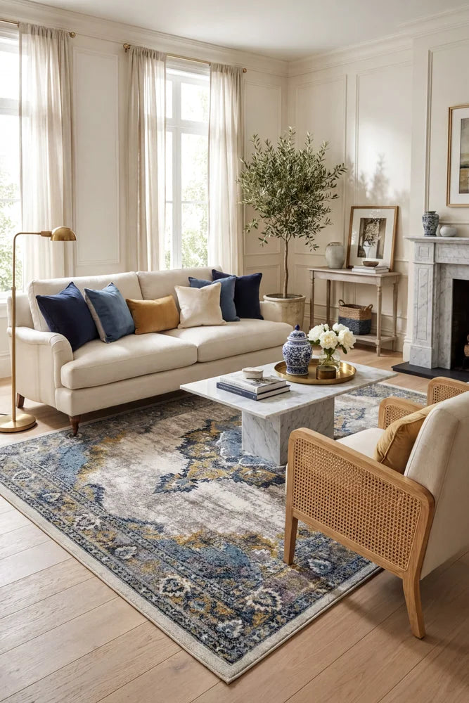 Mystic 96 Silver Blue Rug — AI styled visualisation